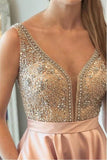 Promfast Sparkly Satin Pink Beaded Long Prom Dress with Open Back HZ0527