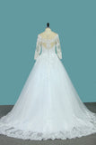 A Line 3/4 Sleeves Tulle Scoop Wedding Dresses With Applique HZ0527
