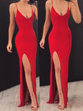 Sexy Mermaid Spaghetti Straps Red Side Slit Long Prom Dresses HZ0527