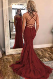 Burgundy Spaghetti Strap Mermaid Stunning Prom Dresses with Lace Appliques HZ0527