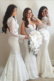 Elegant Mermaid High Neck Ivory Long Sleeves Stain Bridesmaid Dress with Lace HZ0527