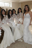 Elegant Mermaid High Neck Ivory Long Sleeves Stain Bridesmaid Dress with Lace HZ0527