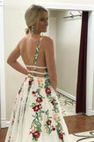 Charming V Neck Floral Embroidery Long Lace Prom Dress with Pocket HZ0527