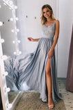 Promfast A-Line Spaghetti Straps Long Gray Prom Party Dress with Lace Sequins HZ0527