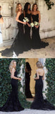 Mermaid Style Sweetheart Sweep Train Black Long Bridesmaid Dress with Lace HZ0527