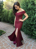 Mermaid Off-the-Shoulder Burgundy Simple Prom Dress with Split HZ0527