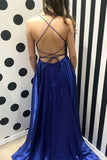 Royal Blue Spaghetti Strap A Line Prom Dress Sexy Long Split Party Dresses HZ0527