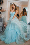 Light Blue Backless Prom Gown Spaghetti-straps Tulle Tiered Dance Dress HZ0527