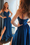 A Line Spaghetti Blue Prom Dresses, Long Split Cheap Evening Dress HZ0527