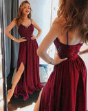 A Line Spaghetti Blue Prom Dresses, Long Split Cheap Evening Dress HZ0527