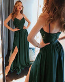 A Line Spaghetti Blue Prom Dresses, Long Split Cheap Evening Dress HZ0527