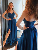 A Line Spaghetti Blue Prom Dresses, Long Split Cheap Evening Dress HZ0527