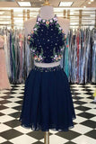 Two Pieces Dark Navy Scoop Floral Elegant Short Prom Dresses,Homecoming Dress HZ0527