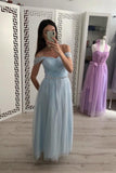 A Line Tulle Off the Shoulder Light Blue Cheap Prom Dresses HZ0527