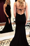 Charming Mermaid Halter Cross Back Split Black Long Prom Dresses HZ0527