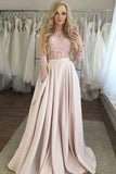Two Piece 3/4 Sleeves Floor-Length Pink Satin Prom Dress with Lace Pockets HZ0527