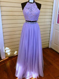 Two Piece Halter Backless Tulle Lavender Prom Dress with Lace Beading HZ0527