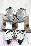 Beautiful White Lace Ankle Strap Pointed Toe Black Women Shoes HZ0527