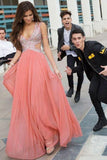 New A Line Backless Long V Neck Beads Chiffon Prom Dress HZ0527