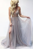 A-Line Spaghetti Straps Deep V Neck Prom Dress with Beading Split HZ0527