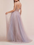 A-Line Spaghetti Straps Deep V Neck Prom Dress with Beading Split HZ0527