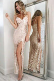 Mermaid Spaghetti Straps Pearl Pink Sequined Split Sexy Prom Dress HZ0527