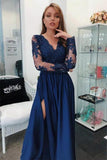 A Line Long Sleeves V Neck Dark Blue Prom Dresses With Appliques HZ0527
