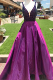 Purple A Line Beading V Neck Prom Gown With Pockets Cheap Formal Evening Dress HZ0527