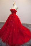 Charming Red Sweetheart Strapless Ball Gown Applique Tulle Long Prom Dress HZ0527