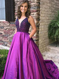 Purple A Line Beading V Neck Prom Gown With Pockets Cheap Formal Evening Dress HZ0527