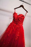 Charming Red Sweetheart Strapless Ball Gown Applique Tulle Long Prom Dress HZ0527