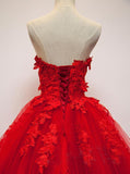 Charming Red Sweetheart Strapless Ball Gown Applique Tulle Long Prom Dress HZ0527