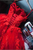 Charming Red Sweetheart Strapless Ball Gown Applique Tulle Long Prom Dress HZ0527
