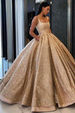 Beading Sequins Gold Ball Gown Prom Dress with Pockets,Long Quinceanera Dresses HZ0527