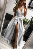 Cheap Silver Long V-neck Lace Satin Prom Dresses For Teens Split Party Dresses HZ0527