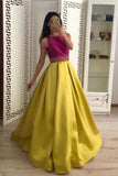 Stunning A Line Satin Yellow Beaded Sleeveless Long Prom Dresses HZ0527