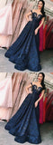 Lace A-line Dark Blue Long Prom Dress,V Neck Evening Dresses HZ0527