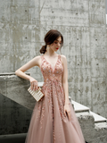 Promfast A Line V Neck Beaded Long Tulle Zipper Back Prom Dresses HZ0527