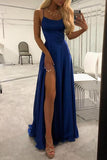 Royal Blue Spaghetti Strap A Line Prom Dress Sexy Long Split Party Dresses HZ0527
