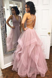 Sexy Deep V Neck Ruffles Pink Long Prom Dress with Criss Cross Back HZ0527