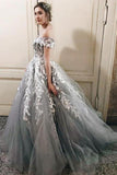 Off the Shoulder Grey Tulle Applique Charming Cheap Long Ball Gown Prom Dress HZ0527