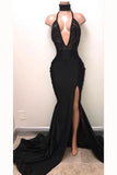 Sexy Black Straps Deep V-neck Mermaid Split Sleeveless Evening Dress HZ0527