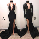 Sexy Black Straps Deep V-neck Mermaid Split Sleeveless Evening Dress HZ0527