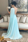 Light Blue One Shoulder Chiffon Formal Prom Gown, Simple Bridesmaid Dresses HZ0527