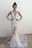 Long Sleeve Lace Mermaid Prom Dresses,Sexy See through Cheap Long Wedding Dresses HZ0527