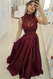 Cheap Maroon Lace Top Prom Dresses Long Burgundy Evening Gown with High Neck HZ0527