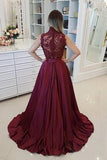 Cheap Maroon Lace Top Prom Dresses Long Burgundy Evening Gown with High Neck HZ0527