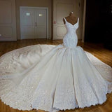 Vintage V-neck Royal Train Satin Mermaid Wedding Dresses With Lace Embroidery HZ0527
