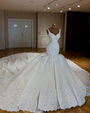 Vintage V-neck Royal Train Satin Mermaid Wedding Dresses With Lace Embroidery HZ0527