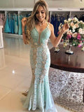 Vintage Mint Lace Mermaid Prom Dresses V Neck Elegant Formal Party Dress HZ0527